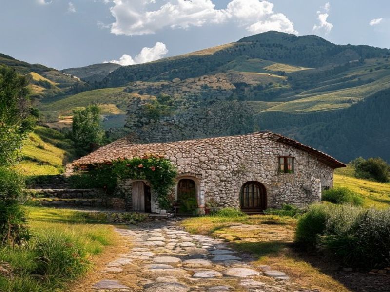 Casa de piedra con camino empedrado y montañas